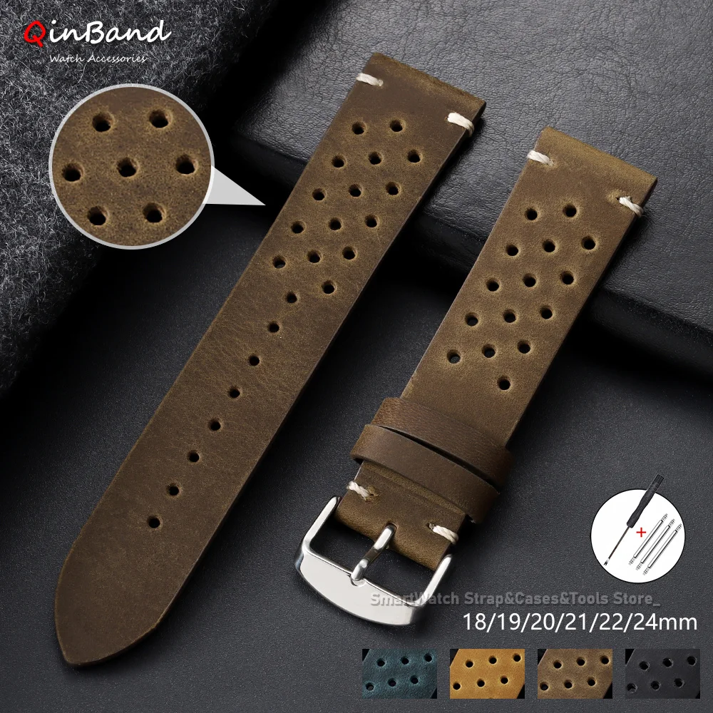 Atmungsaktives Racing-Leder-Uhrenarmband, 18/19/20/21/22/24 mm, Kalbsleder, Smartwatch, universelle Armbänder, Armband für Herren und Damen, braunes Armband