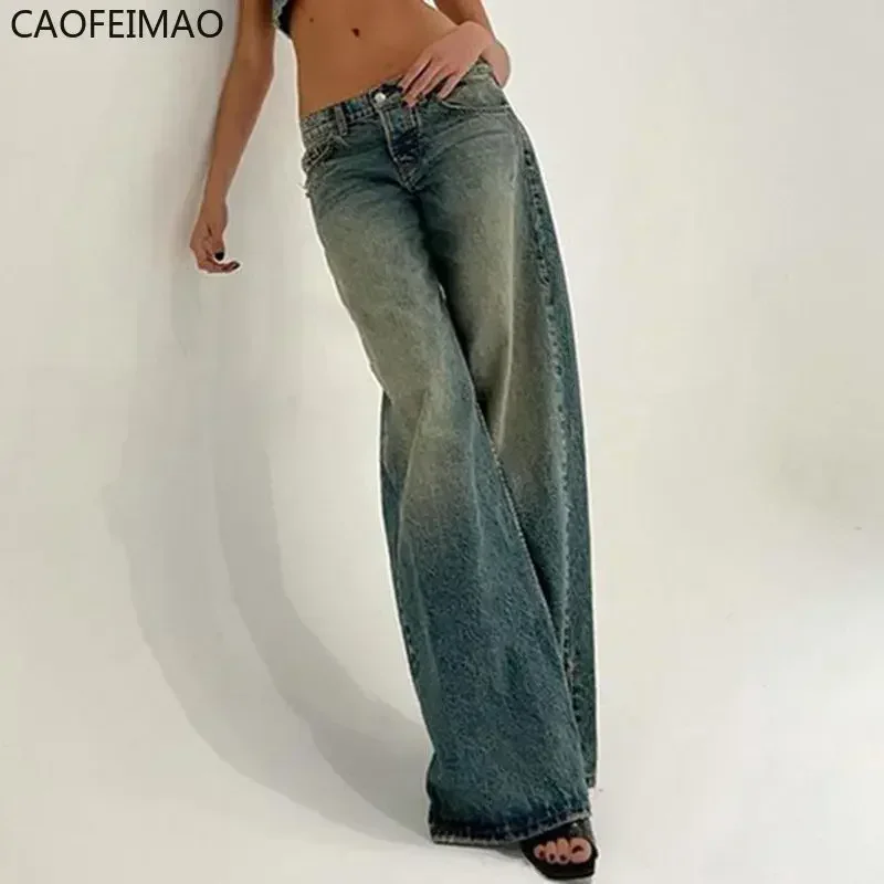 Caofeimao celana Jeans Vintage wanita, celana jins Denim bergaya antik Cyber Y2k untuk wanita