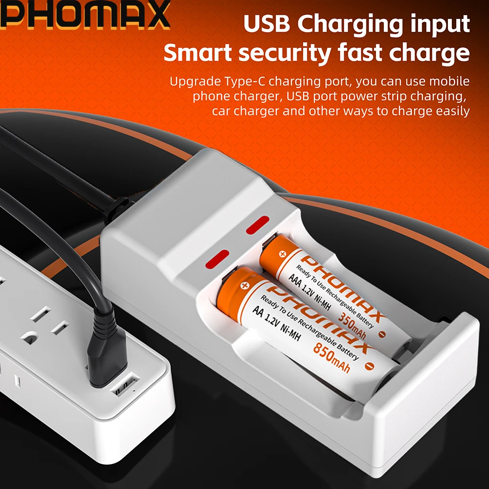 PHOMAX Rechargeable Batteries & 2-Slot Charger 1.2V AA 850mAh AAA 350mAh Ni-MH Battery For Solar Lamp LED Flashlight Lantern Toy