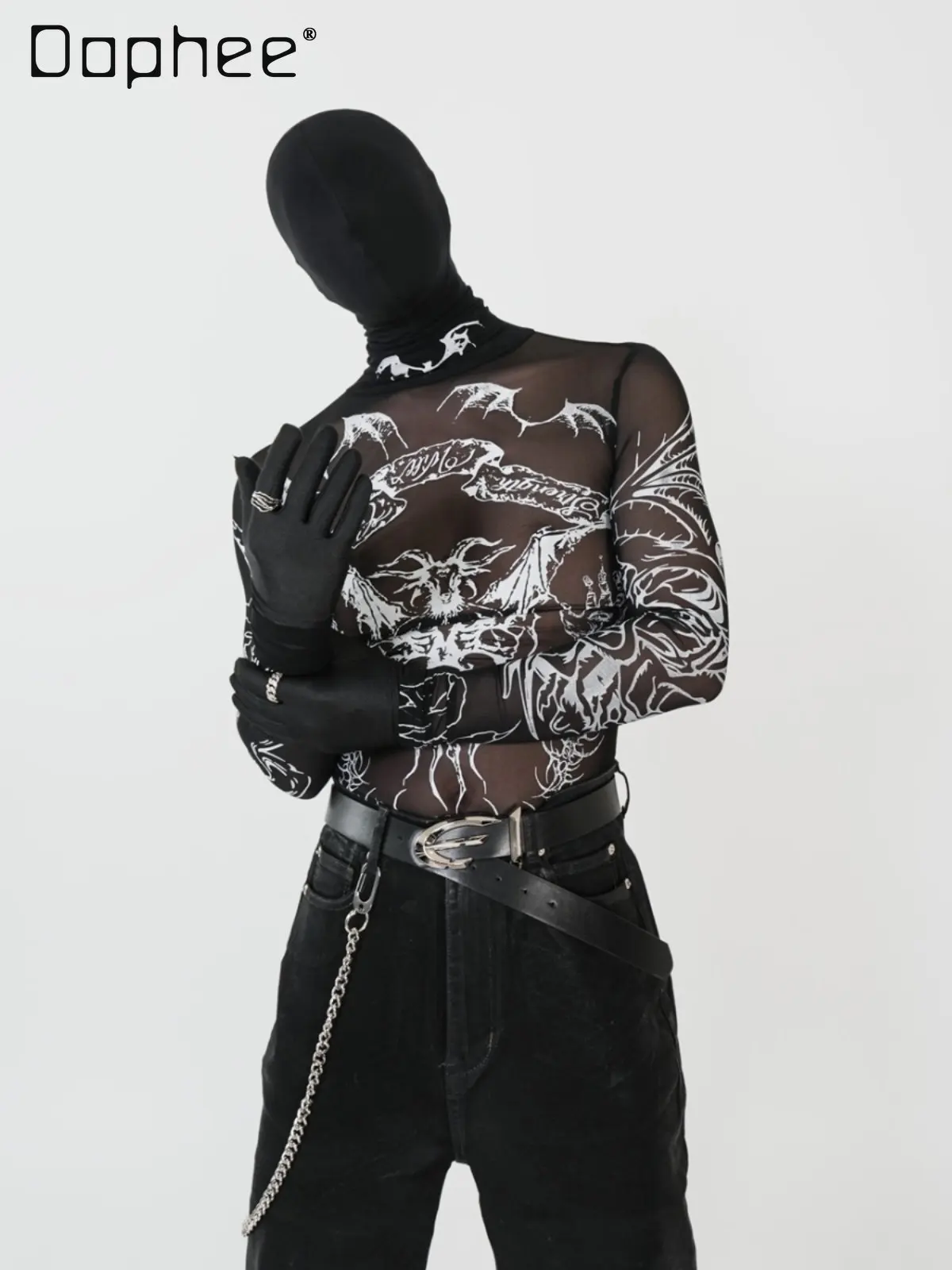 Summer New Dark Print Mesh Long Sleeve T-Shirt for Men Stretch Slim Fit Gothic Subculture See-Through Inner Wear Top