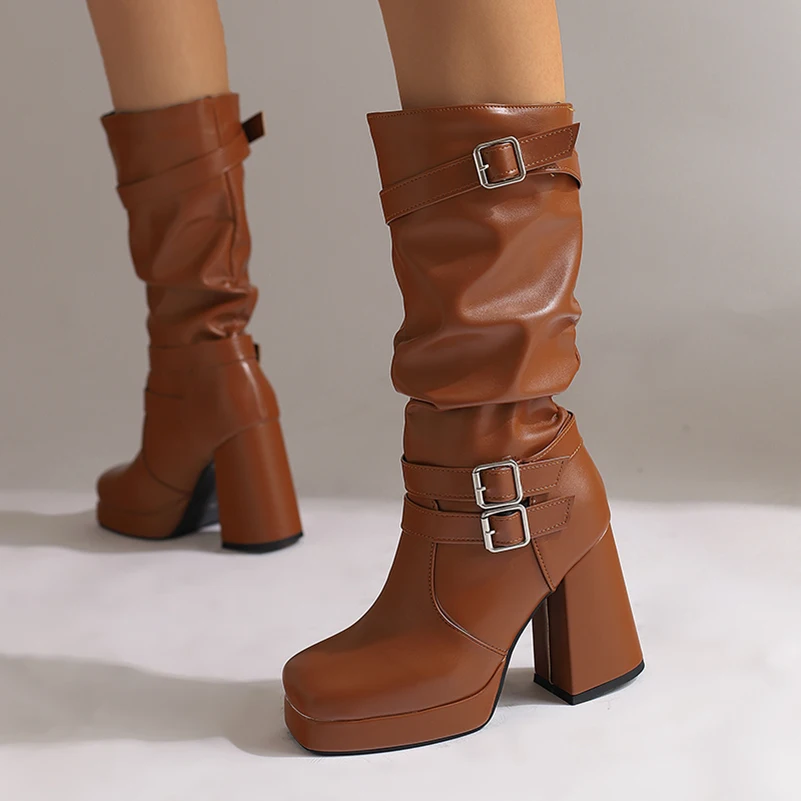 Plus Size Three Row Metal Belt Square Buckle Slip on Mid Length Boots Square Toe High Height Thick Heel Plush Lining Knight Boot
