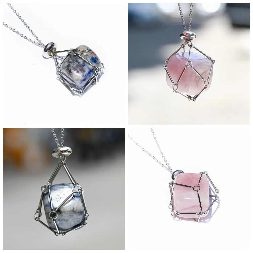 Copper Crystal Holder Cage Necklace Silver Color Necklace Accessories Stone Holder Necklace Natural Stone Interchangeable