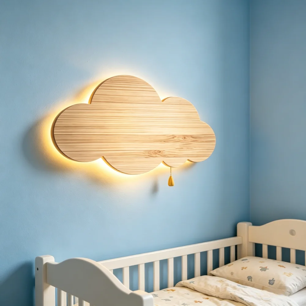 Wood Grain Cloud Wall Lamp Zipper Switch LED Lights Children Room Nursery Room Bedroom Bedside Home Decor Hanging Wall Lighting