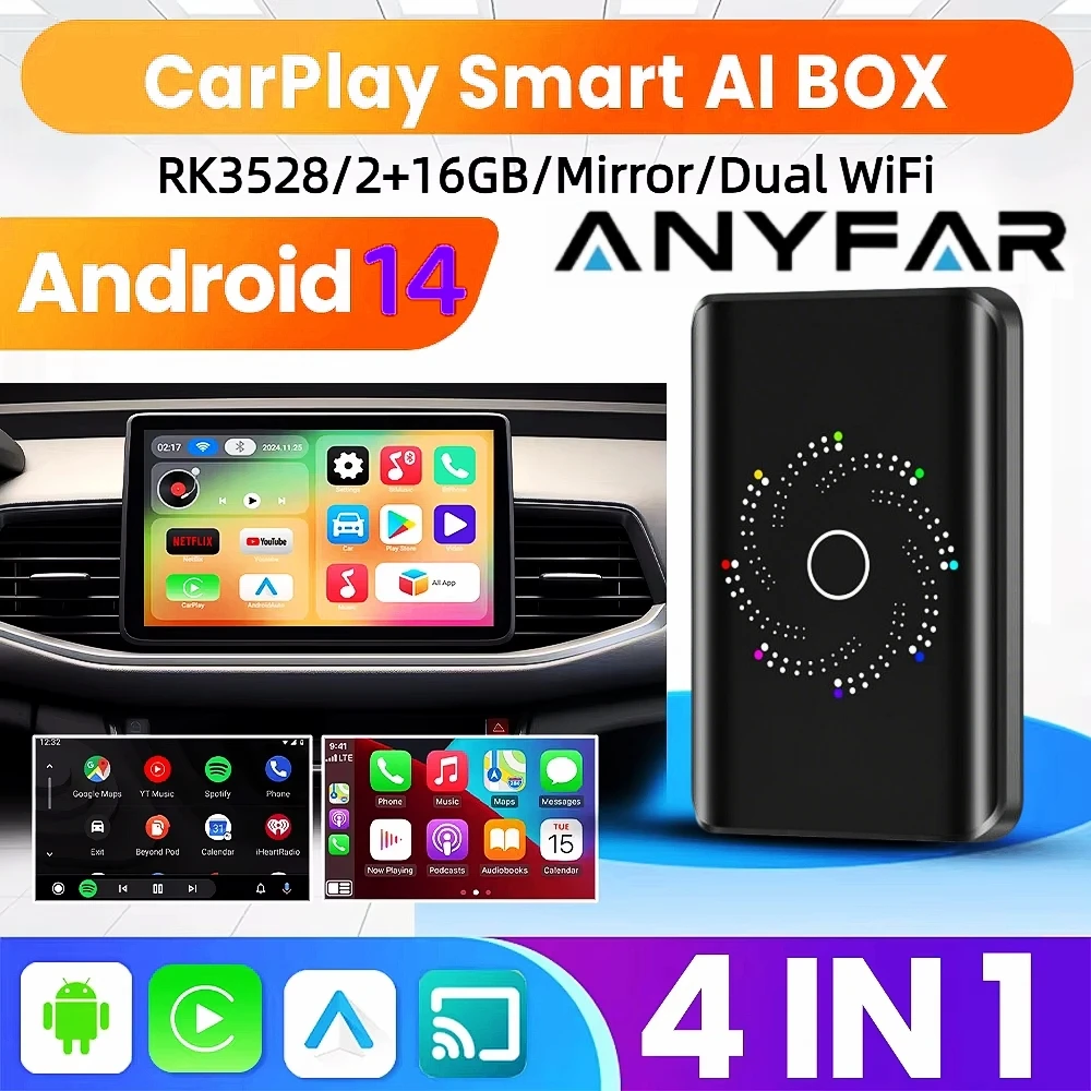 ANYFAR Android 14.0 Android Ai Box Wireless CarPlay &Android Auto & HDMI For Netflix YouTube 2.4Ghz &5Ghz WiFi Auto Connect