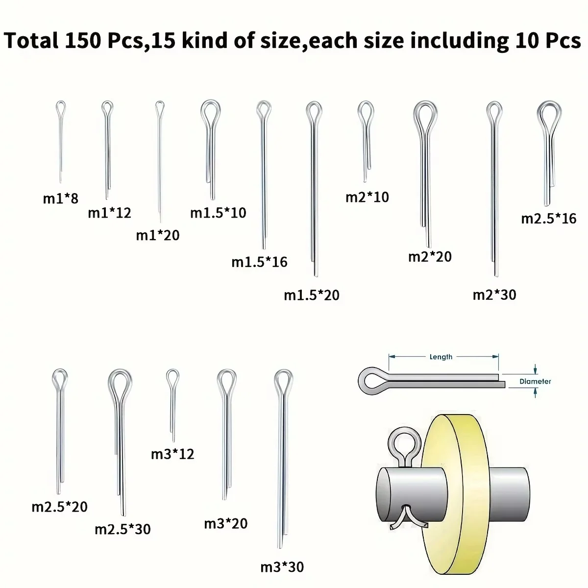 XLGYLPRO 150pcs 304 Stainless Steel Cotter Pin Assortment Kit, Split Pin Fastener Clips Zinc Plated Straight Fastener Clips