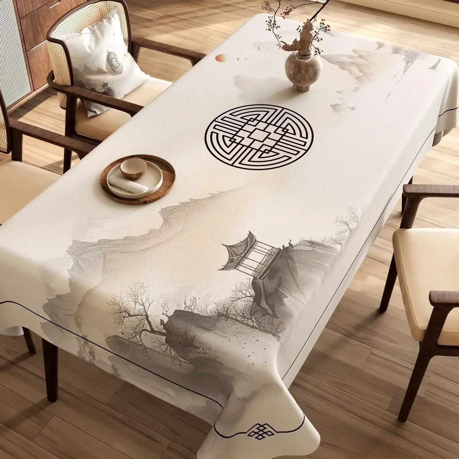 Chinese Landscape Printed Table Cloth High End Chinese Style  Tea Table Cover Cloth Flower Landscape Lint Dustproof Table Mat