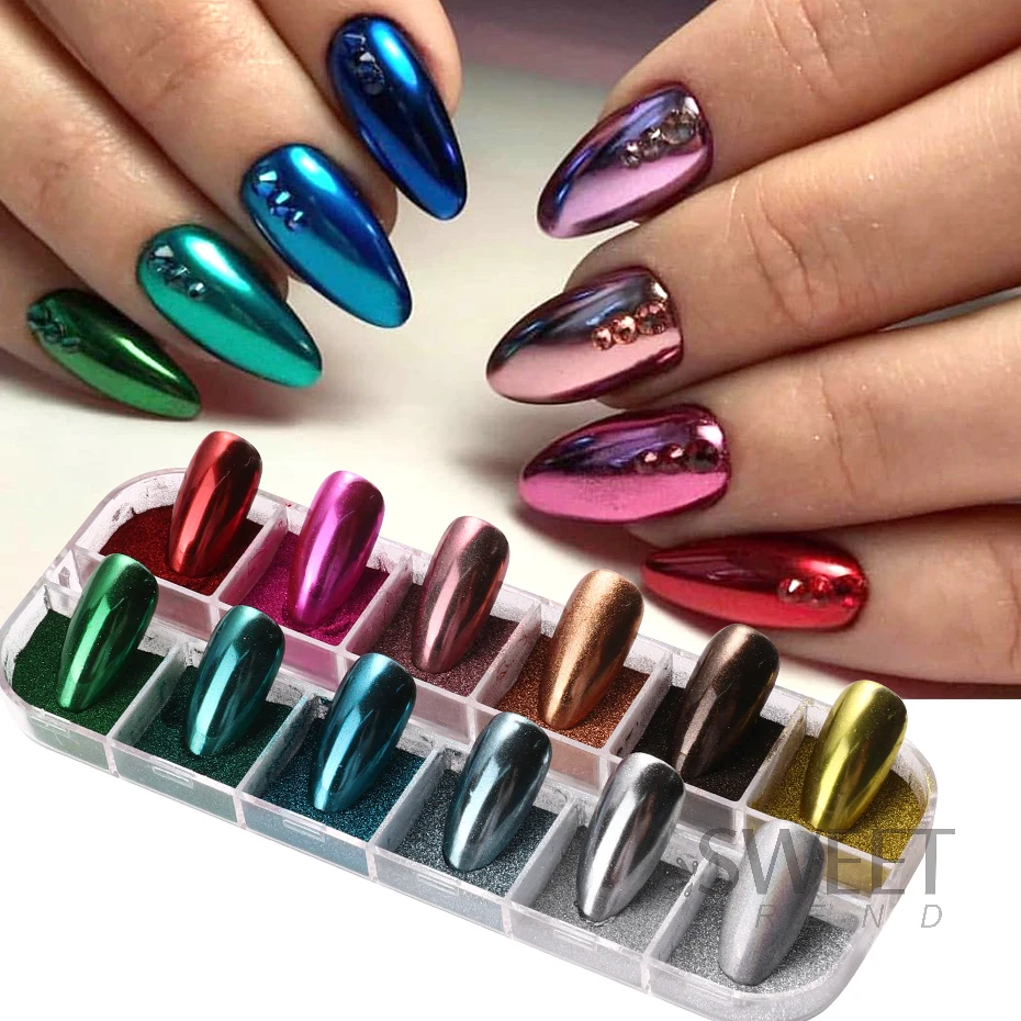 12 Grid Winter Mirror Rainbow Nail Glitter Powder Metal Effect Pigment Colorful Fine Rubbing Dust Metallic Chrome Manicure Decor