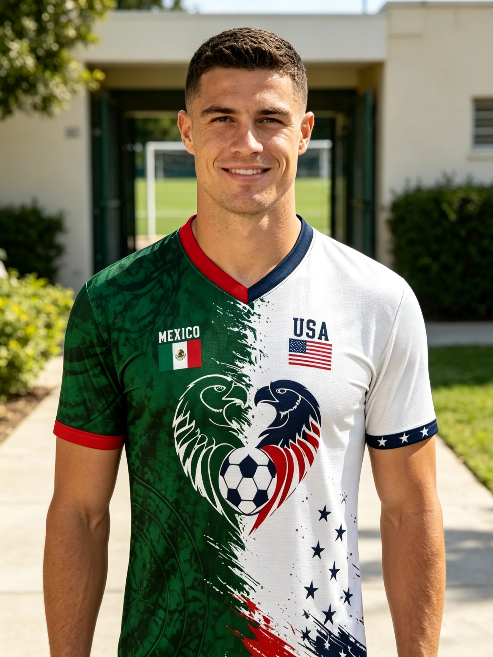 Mexico USA united soccer jersey with dual eagle heart print. Quick dry stretch fabric for cross-border football fans
