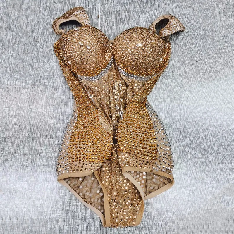 Gold Full Rhinestones Bodysuit Bar Nightclub DJ Singer Tour Concert Performance Costume Women Birthday Show Party Stage Wear