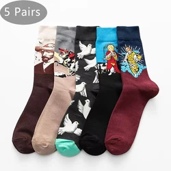 5 Pairs Happy Funny Socks Men Oil Painting Pigeon Cowboy Fashion soft Colorful Wedding Party Business Short Harajuku Socks