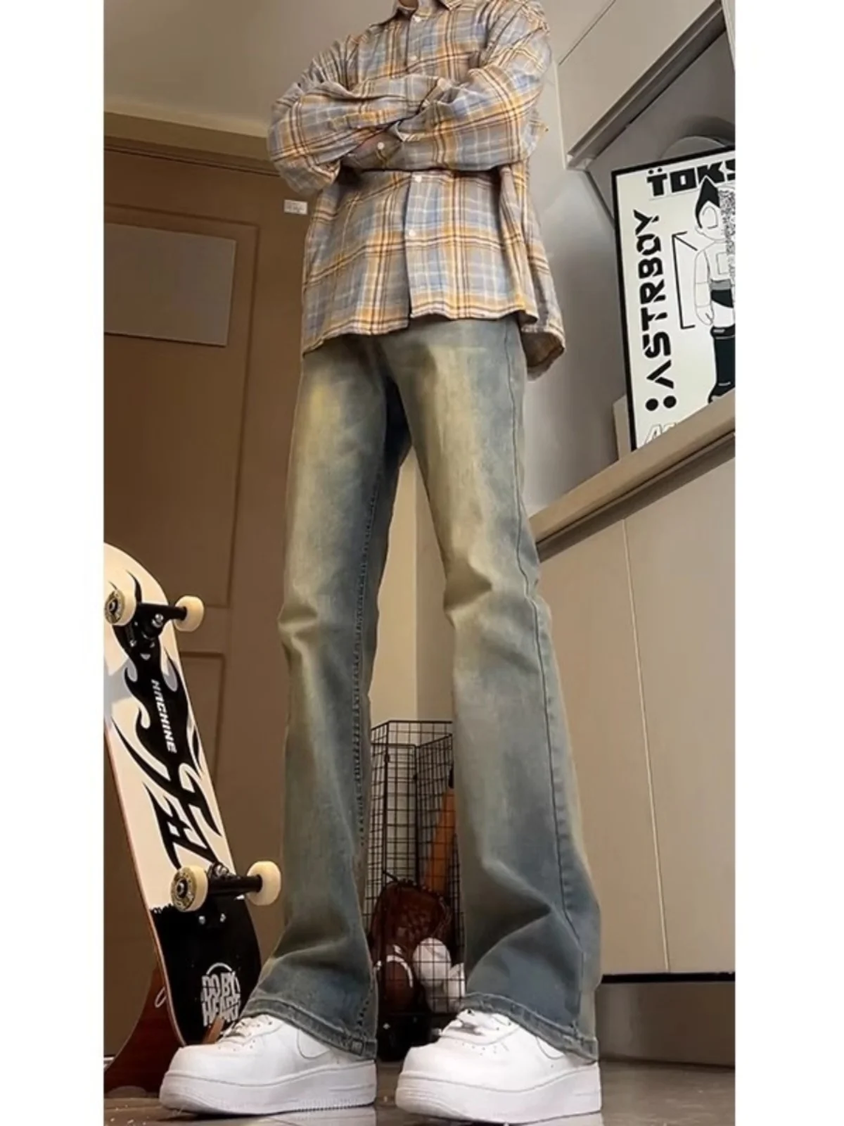 

Cleanfit Men's Blue Waed Denim Jeans Straight Leg Micro Flare Long Pants Spring Autumn New Sle Casual Youth Faion