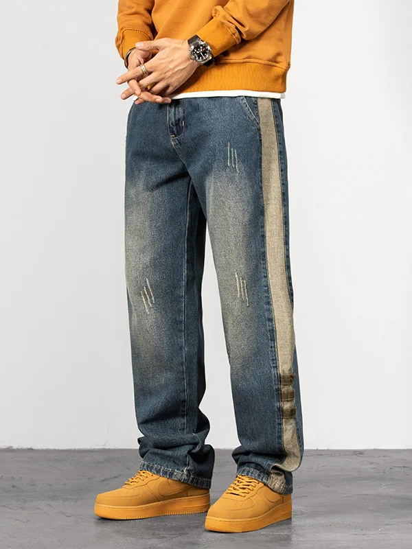 

Мужские джинсы прямого кроя в стиле ретро, с эффектом потертости, со средней посадкой, износостойкие, зимняя коллекция, модные, винтажные, стильные