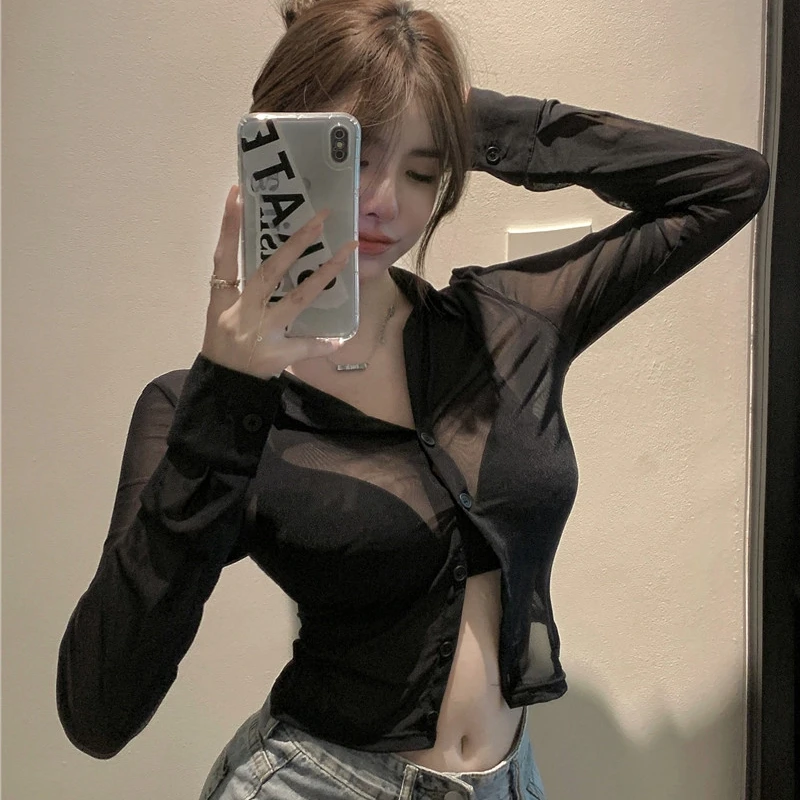 See Through Chiffon Shirts Women 2024 Spring Summer Long Sleeve Blouses Sexy Korean Fashion Clothing Slim Crop Tops Black Blusas