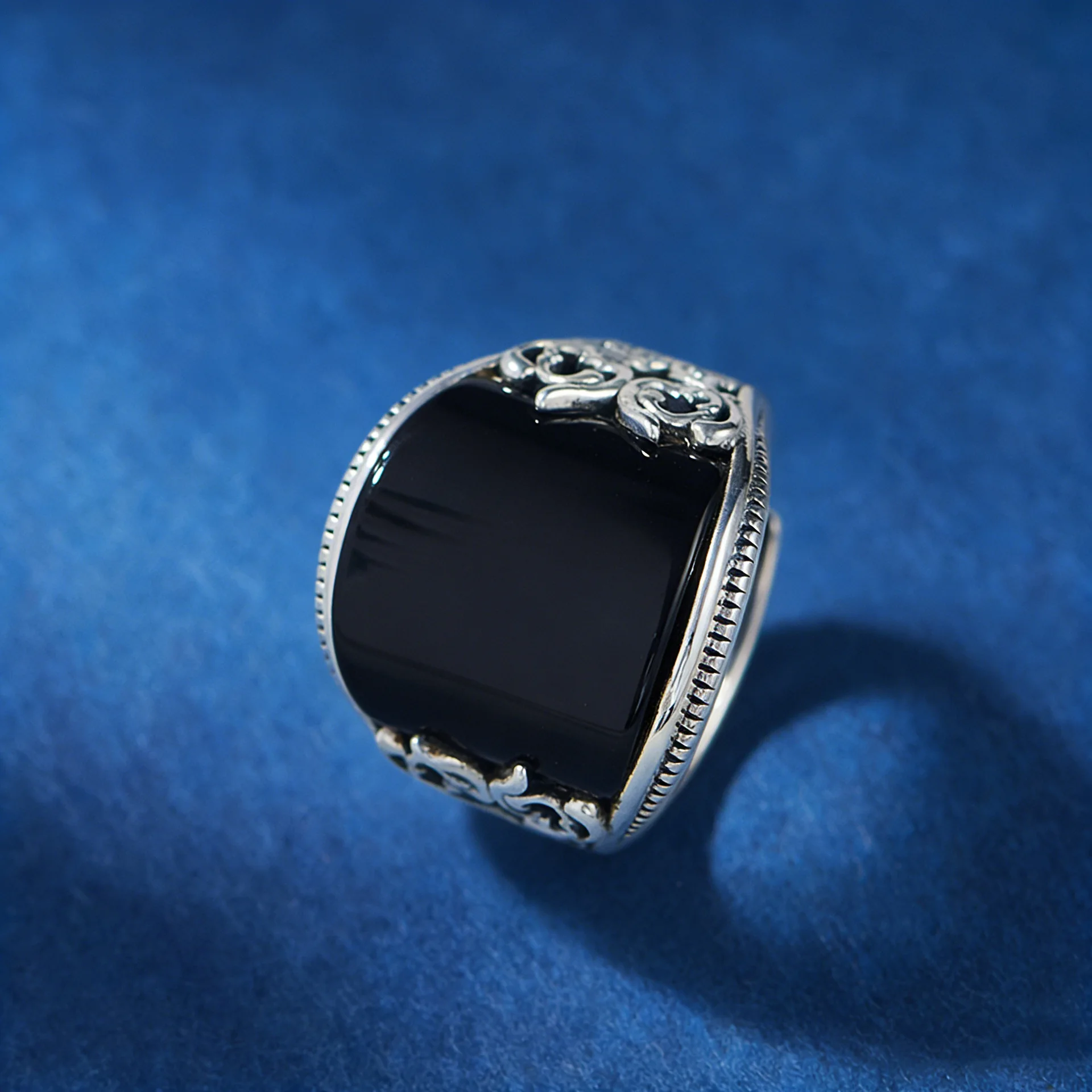 BOCAI S925 Silver Exaggerated And Grand Set With Black Agate Tang Grass Pattern Ring A Selected Gift For Men And Women