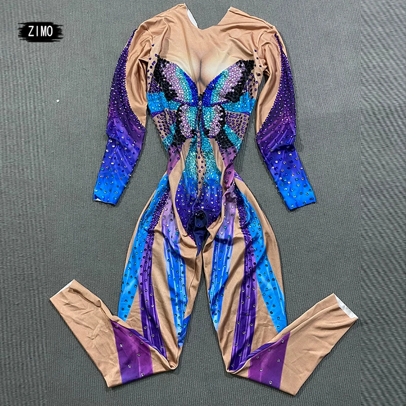 Sparkle Butterfly Blue Rhinestones Jumpsuit ผู้หญิงยืดกางเกงขายาวนักร้องเครื่องแต่งกายเต้นรําวันเกิด PARTY Club STAGE ชุด spandex