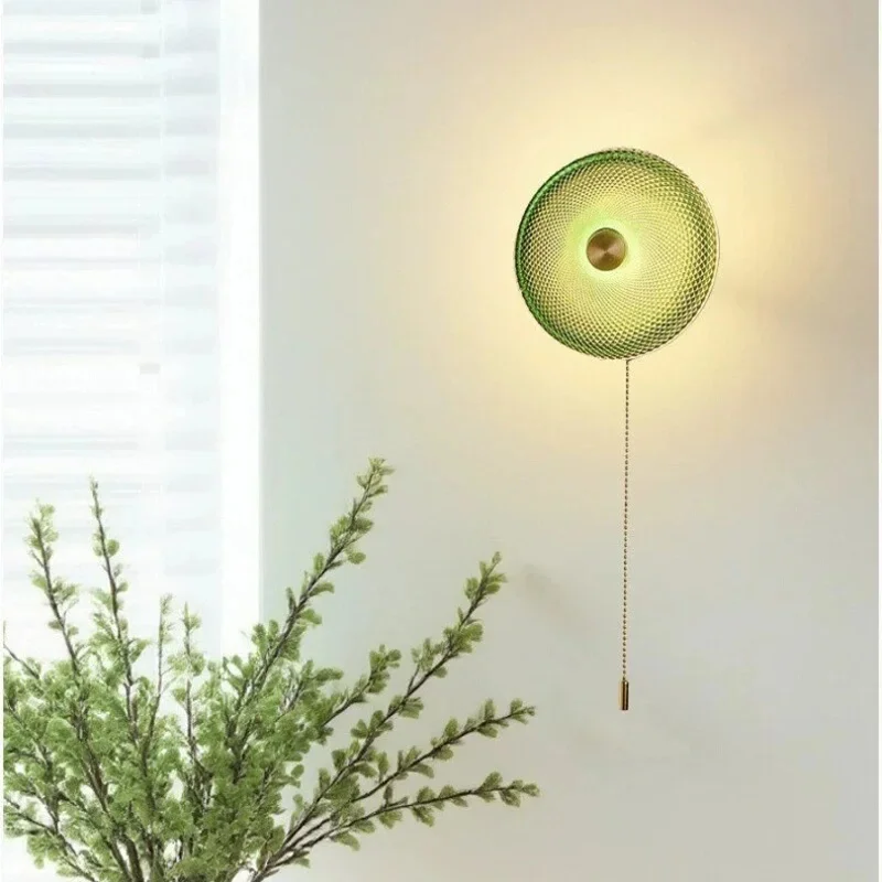 Vintage Green Ribbed Glass Wall Sconce with Pull Chain Switch for Bedroom Living Room Decor