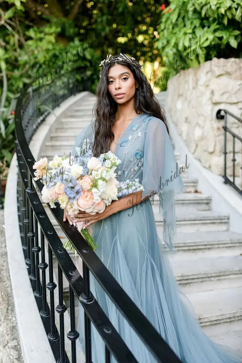 Full Gown Airy Sleeves Bridal Simple Wedding Party Dresses Ethereal Wedding Dresses Pale Dark Blue Wedding Gown