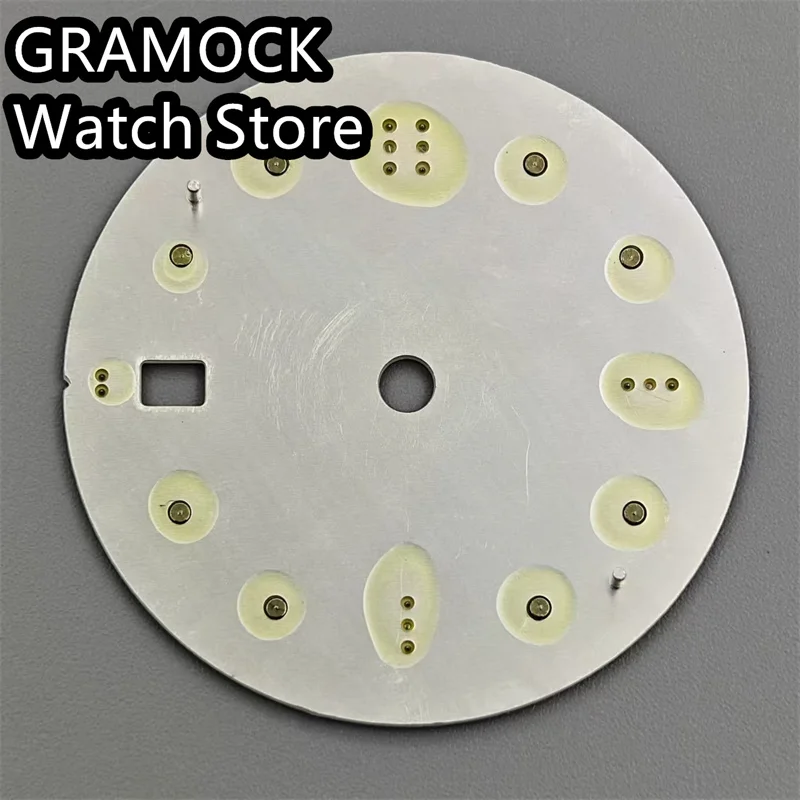 GRAMOCK 31mm Watch Dial Black White Blue Dial Green Luminous Fit NH34 DG3804 DG5833 Movement Date Window