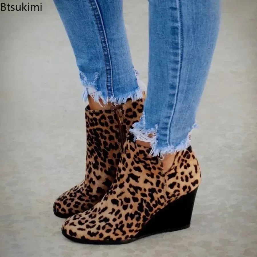 New2024 Women\'s Chelsea Boots Winter Ladies\' Leopard Ankle Boots High Heels Pointed Toe Platform Wedges Shoes Woman Party Boots