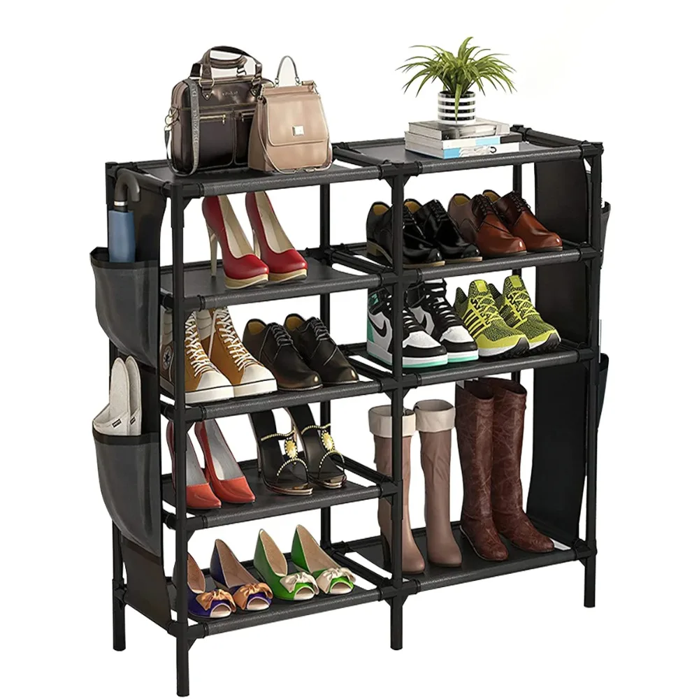 Shoe Rack with Pockets, 5-Tier Shoe Boots Organizer Freestanding Shoe Shelf for Entryway Bedroom