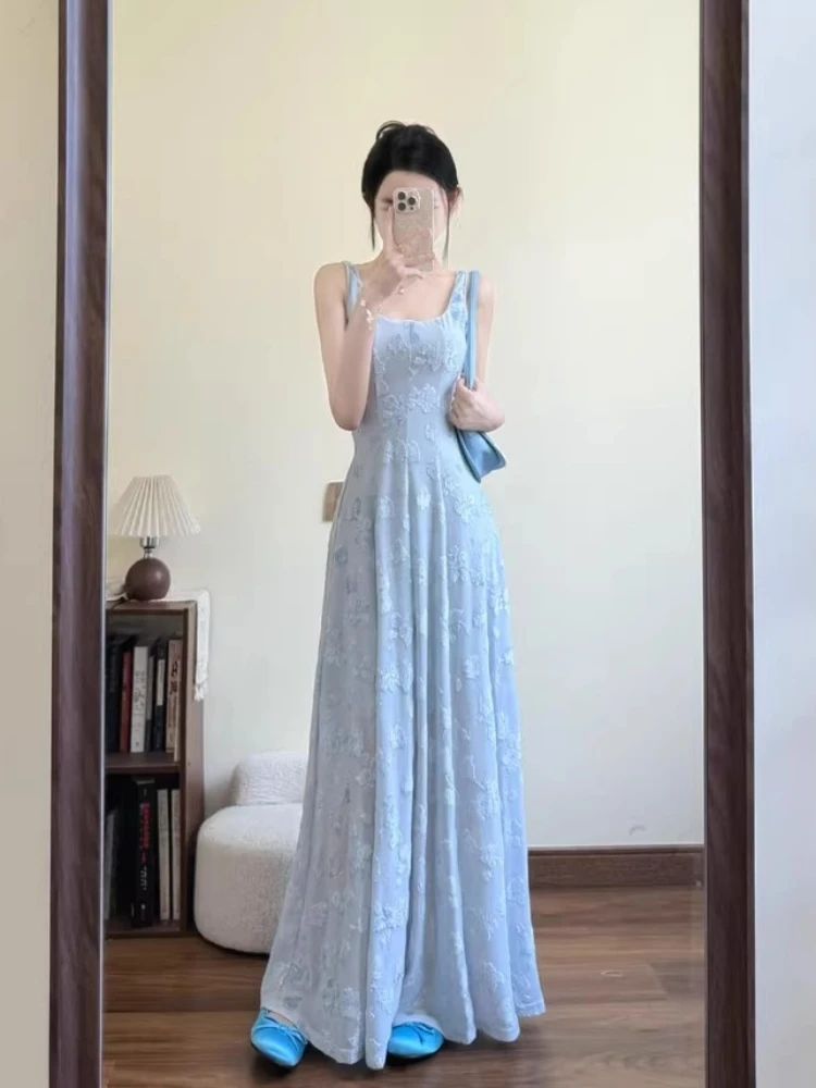 กระโปรงทรงเอเอไลน์เอวสูงแบบมีซิปสำหรับผู้หญิง ดีไซน์สายเดี่ยว สไตล์ลำลอง เหมาะสำหรับใส่ไปเที่ยวทะเล รุ่น Ele Blue Summer Long Dr