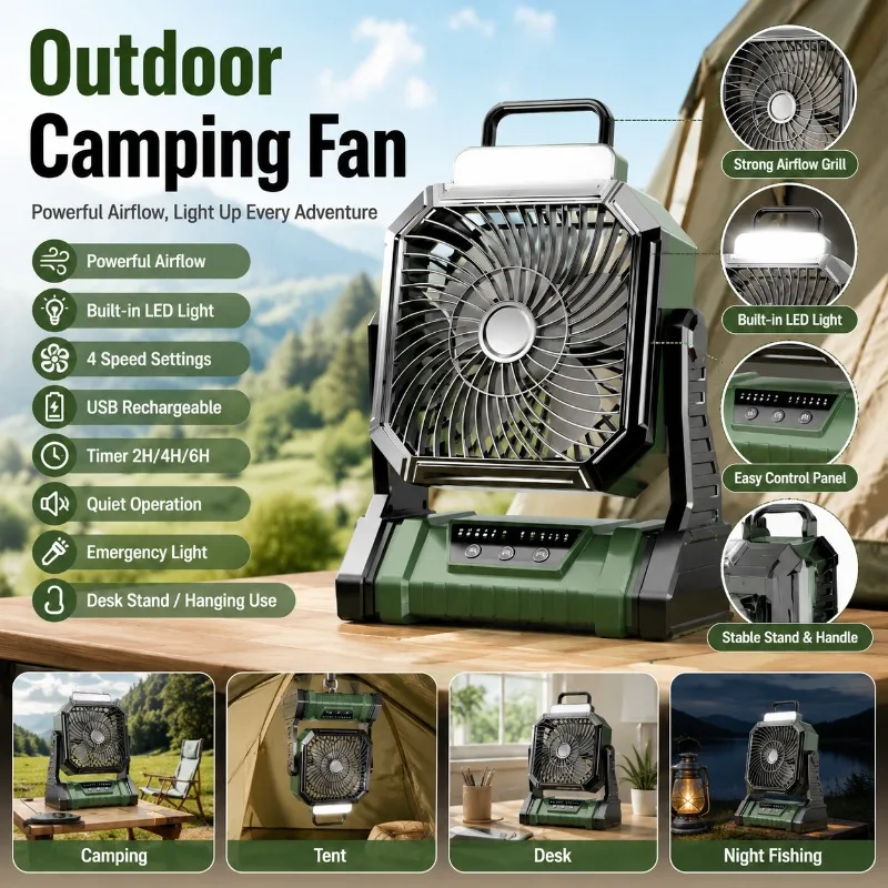 Outdoor Camping Rechargeable Fan USB Lighting Portable Quiet Ceiling Fan for Fishing Camping Stall Night Market High Wind Power