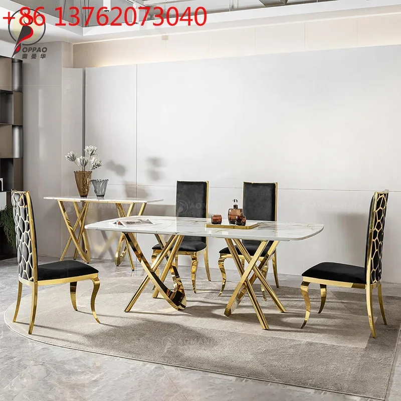 Italian modern light luxury rock slab dining table household stainless steel rectangular dining table
