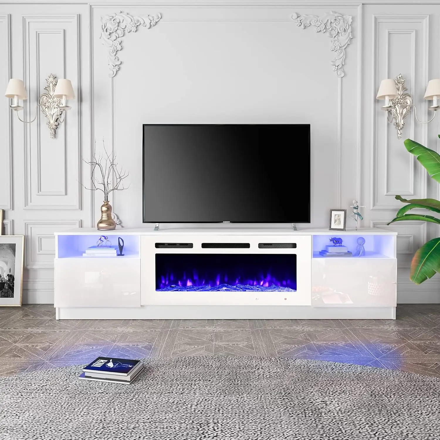 EROMMY 80'' Fireplace TV Stand with 40'' Electric Fireplace, Entertainment Center with 16 Color Led Lights and 12 Flame Fireplac