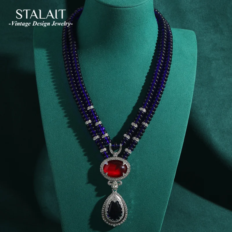 

Vintage Layered Beaded Necklace Water Drop Pendant Sapphire Blue Glass Woman Luxury Designer Jewelry Evening Party Accessories