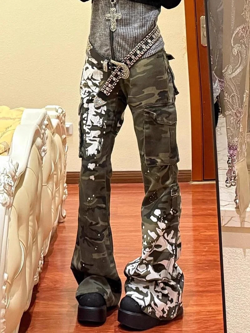 

Американские женские летние брюки-карго в стиле High Street с камуфляжным принтом, новинка, оригинальный дизайн, слегка расклешенные, в пол