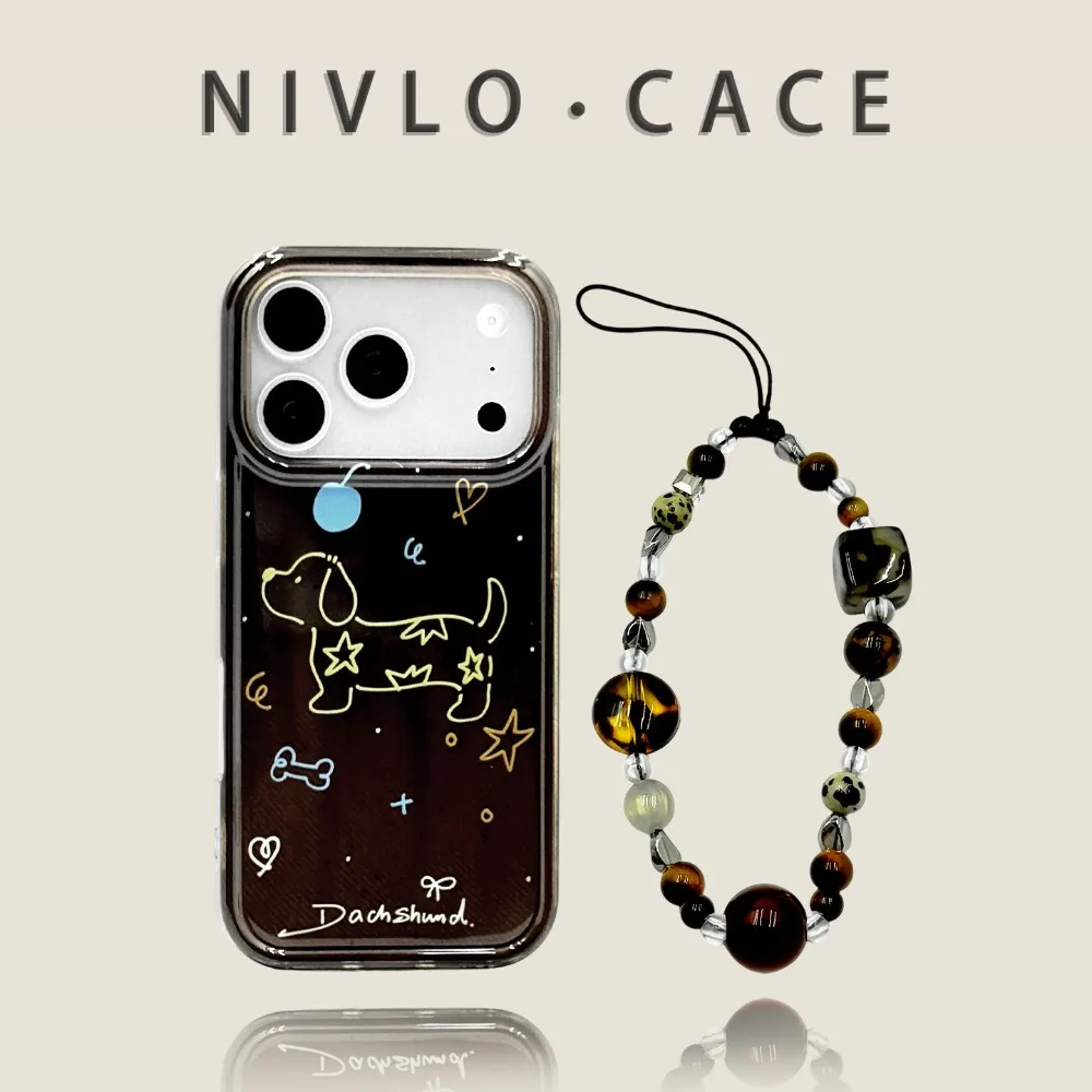 Capa Premium Tech Antichoque de Camada Dupla com Estampa de Cachorro, Estrela e Osso, Base Marrom, para iPhone 17 Pro Max, compatível com iPhone 16, 15, 14, 13