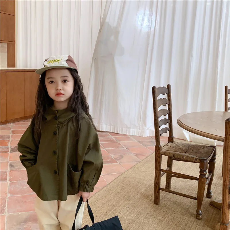 2023 spring unisex kids solid army green black color button hooded coat girls boys causl jacket loose style 2-8 years