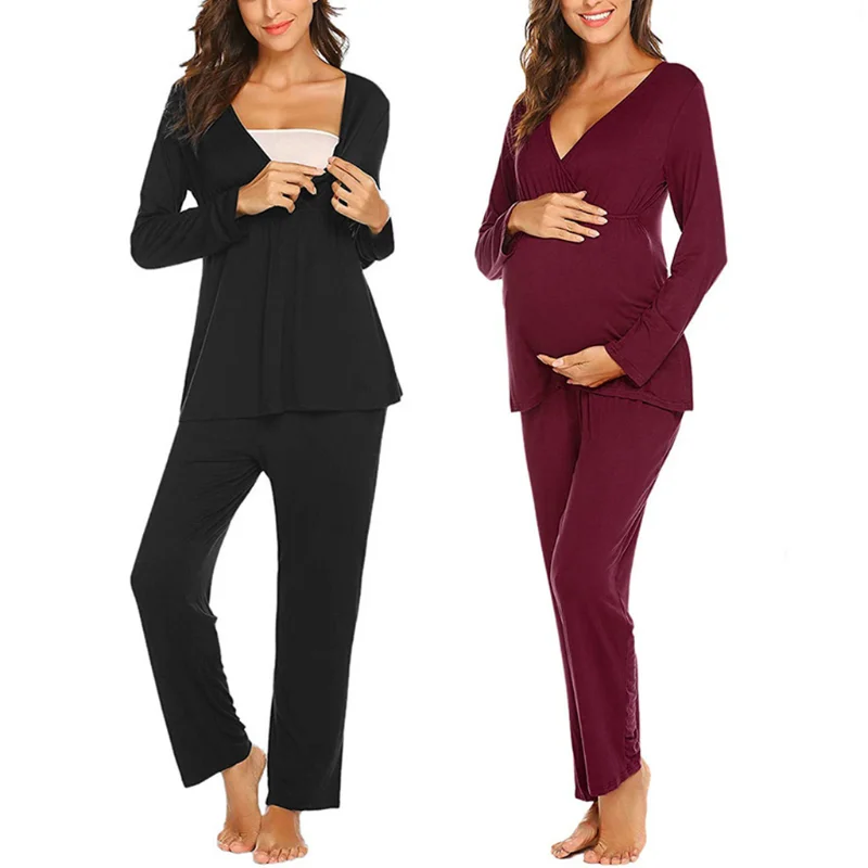 

Maternity Pajamas Clothing Women's V-neck Folded Top+Adjustable Elastic Waist Trousers 2pcs Maternity Nursing Set For Pregnancy