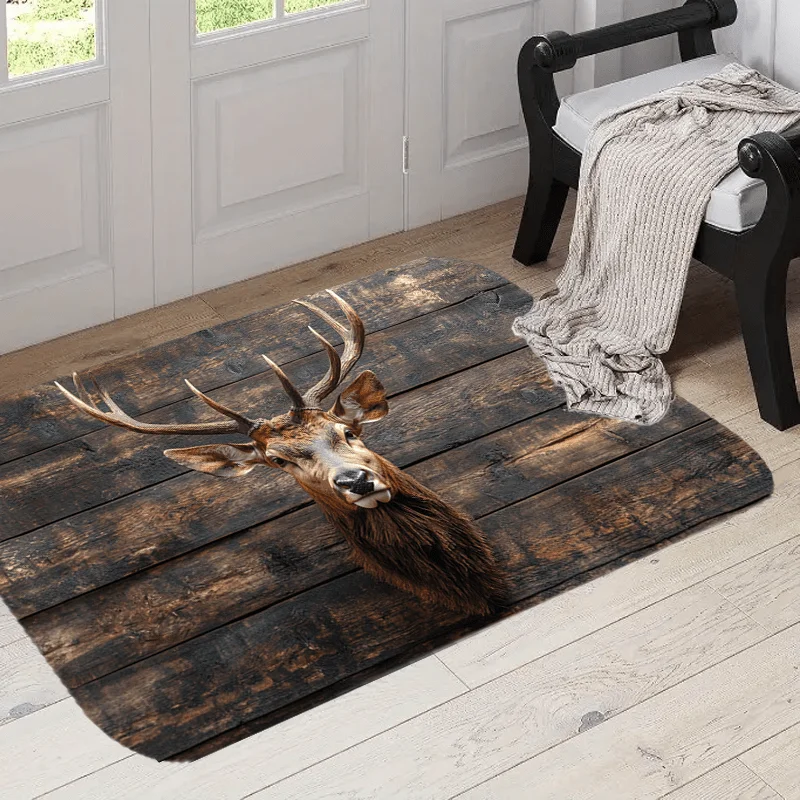 Rustic Wildlife Deer Head Dark Wooden Board Flannel Doormat Anti Slip Absorbent Front Door Mat Cabin Home Entrance Decor Rug
