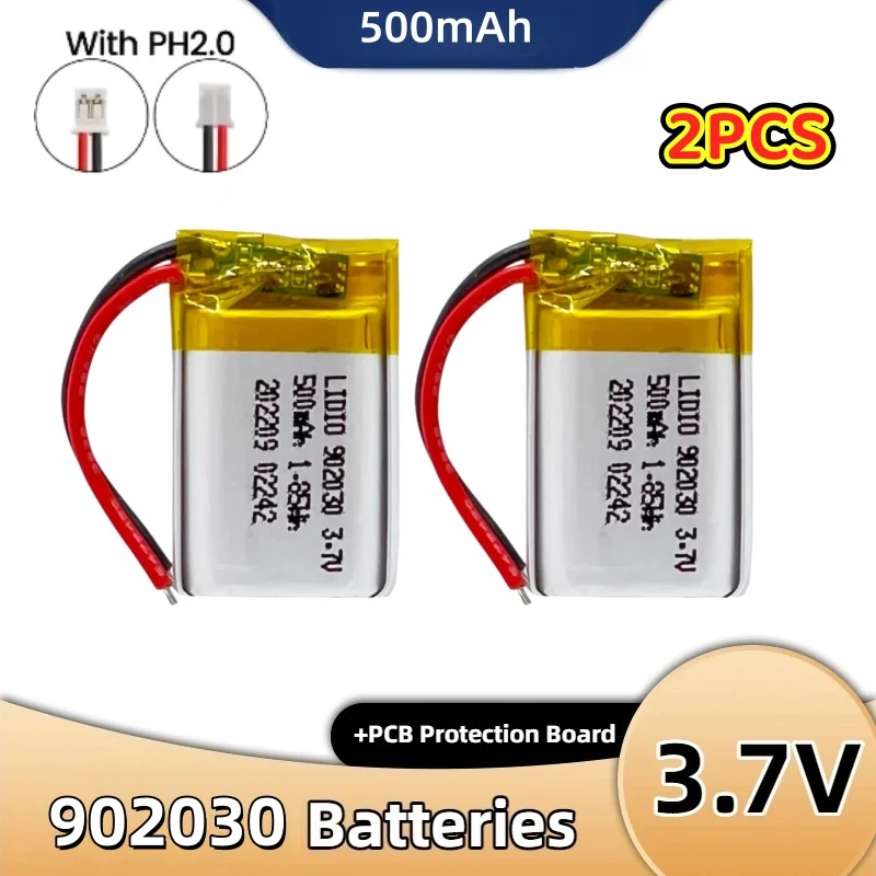 902030 3.7V 500mAh Rechargeable Polymer Li-ion Battery, W/PH2.0 Plug & Play for Solar Light, GPS Tracker, Anti-Theft Device, DVD
