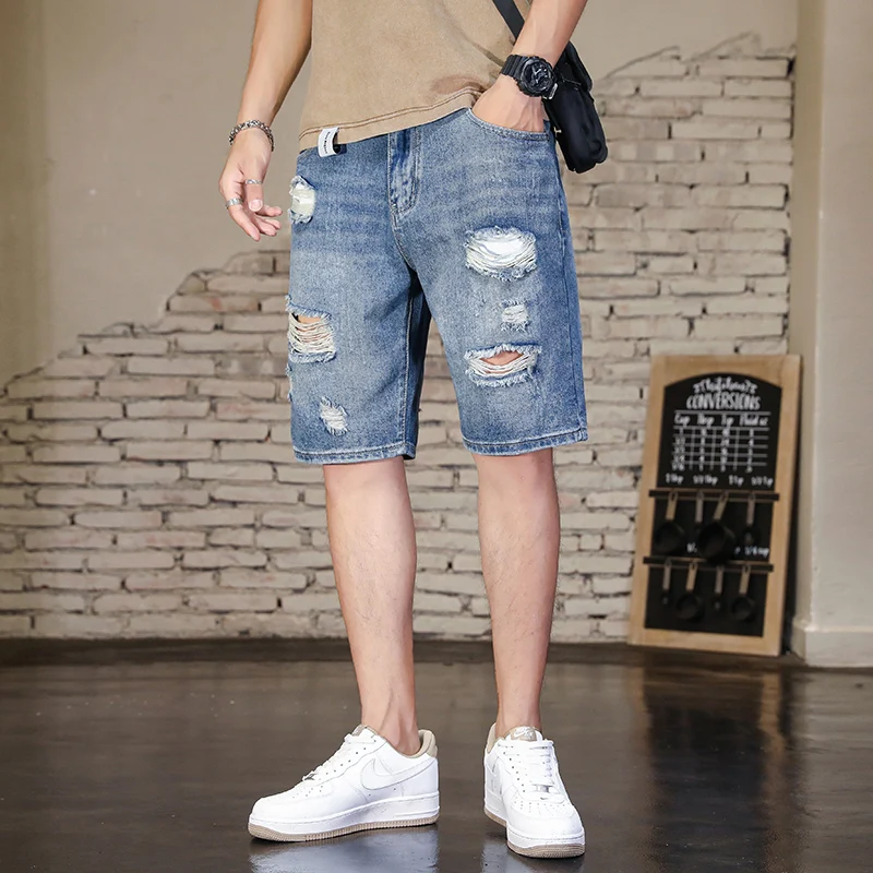 شورت جينز ممزق للرجال في الصيف، سروال جينز رفيع فضفاض مستقيم الساق للرجال غير رسمي بخمسة أرباع متوسط الطول للرجال