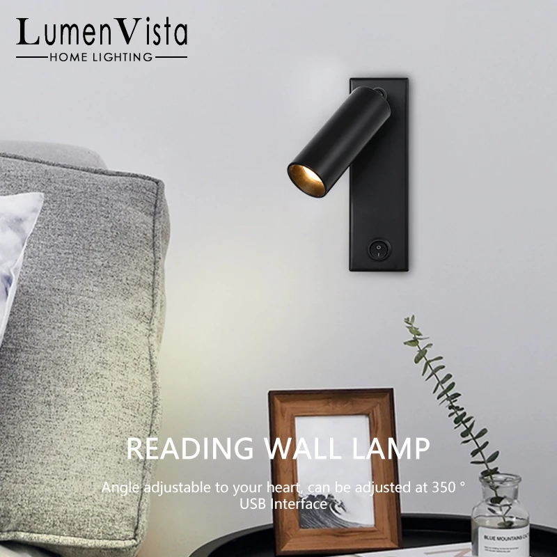 

New LED Wall Lamp With Switch Black and White Bronze Creative With USB Wall Lamp Bedside Bedroom Home Wall Lamp