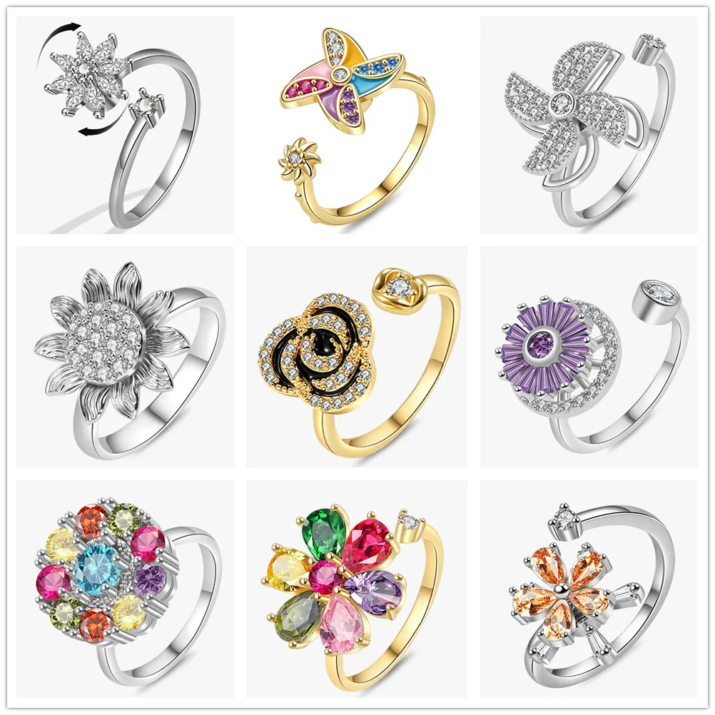 Sunflower Crystal Anxiety Relief Anti-Stress Rotating Ring for Women Fashion Jewelry Gift Spinning Engagement Ring