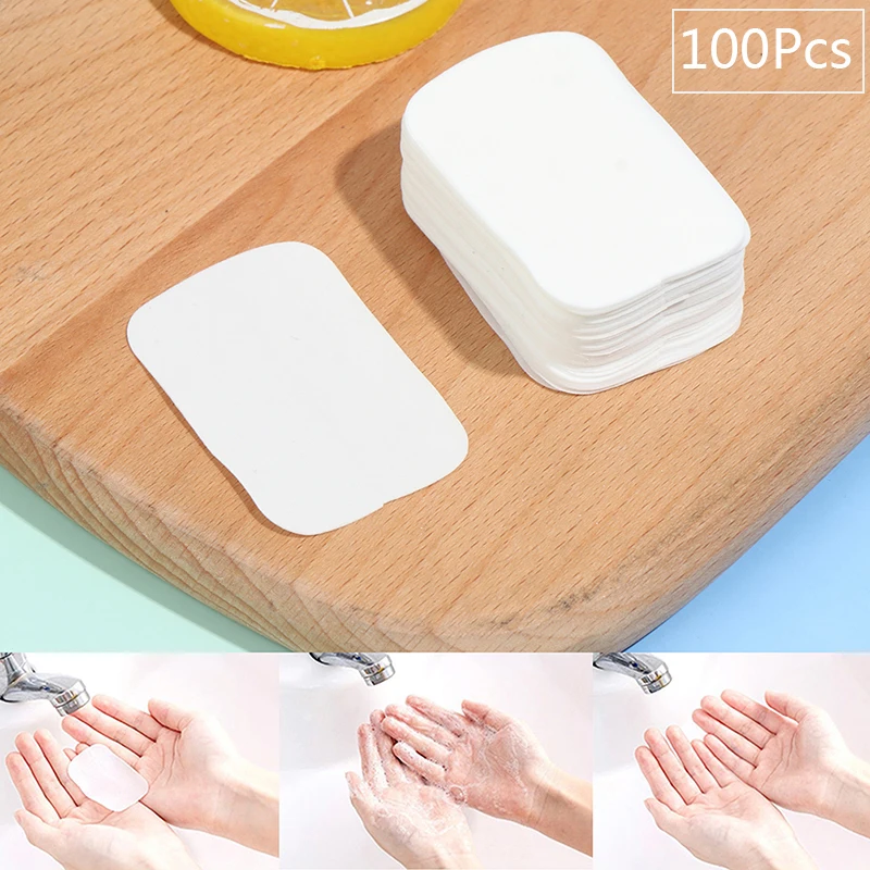 Nuovo 100 pz 5.6*3.6cm saponi di carta disinfettante lavaggio a mano Mini fogli di fetta profumati usa e getta schiuma di sapone caso di carta calda