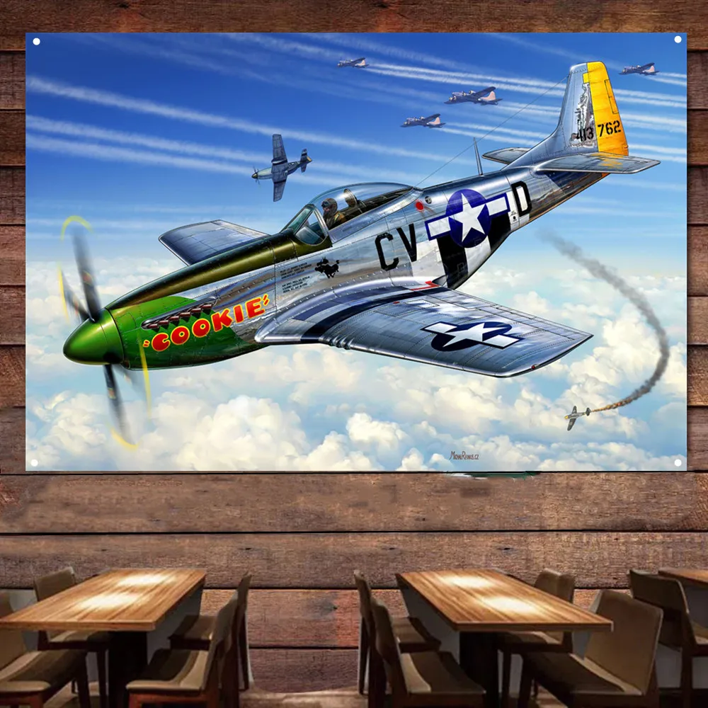 P-51D Mustang Fighter Jet Airplane Flag Banners USA Strike Aircraft Military Poster Wall Art Tapestry Home Decor Wall Painting