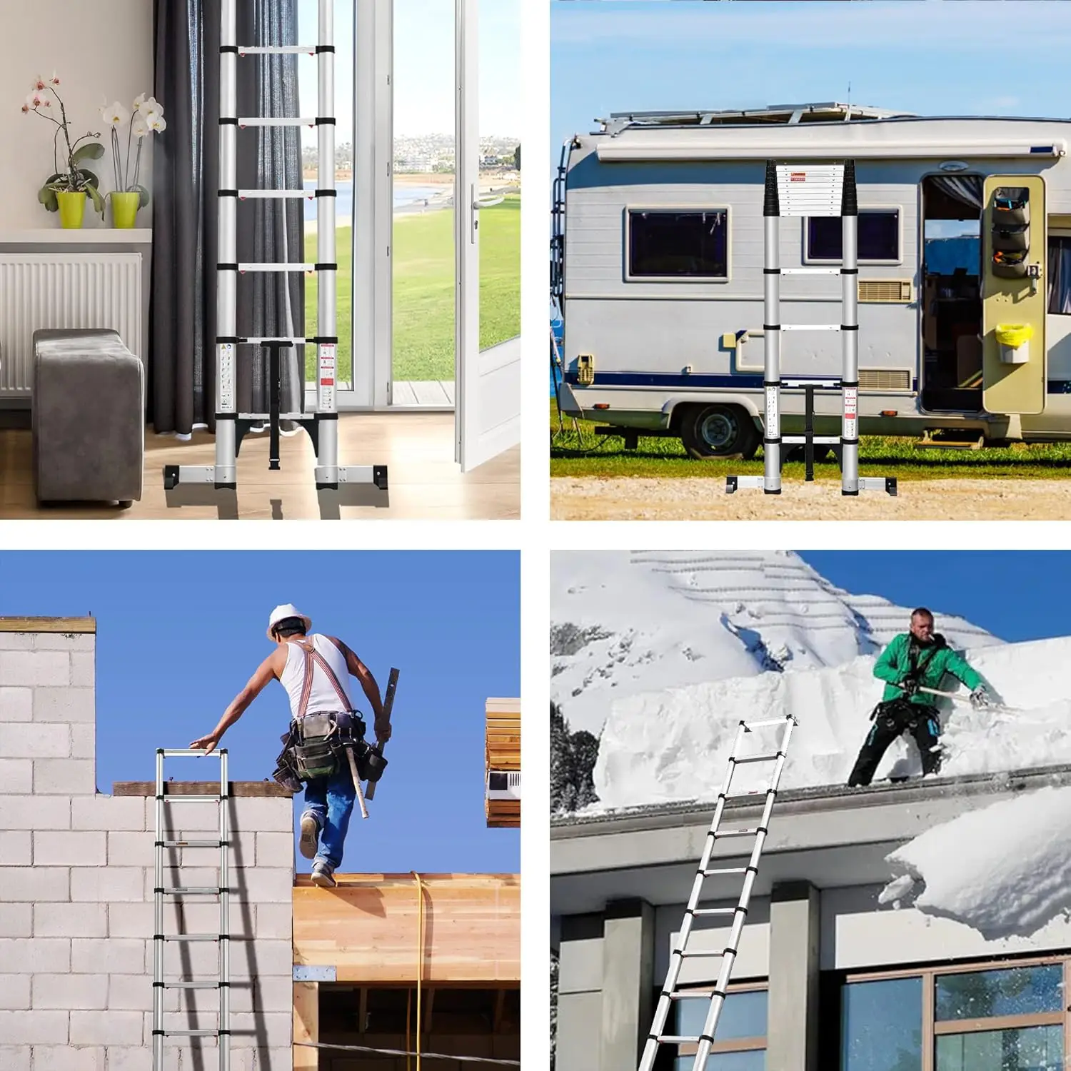 Retraction Telescoping Ladder, Aluminum Lightweight Extension Ladder w/Non-Slip Foldable Feet, Compact Collapsible Ladder for RV