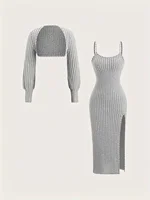 Conjunto de dos piezas de punto acanalado para mujer: top corto de manga larga + vestido midi con tirantes finos y abertura lateral (gris)