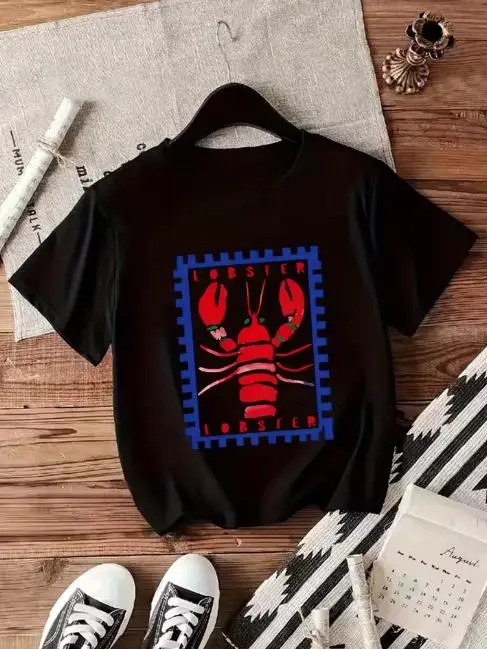 Art Retro Women T Shirt Stamp Border Hand Drawn Lobster Letter Graphic Short Sleeve White Tee Tops