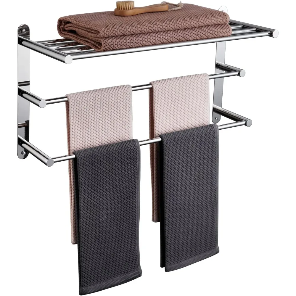 

Storage Organizer Shelf Wall Mounted Double Towel bar with Shelf Bathroom Towel Rack Double Towel Rack, Polished Chrome, B5003C