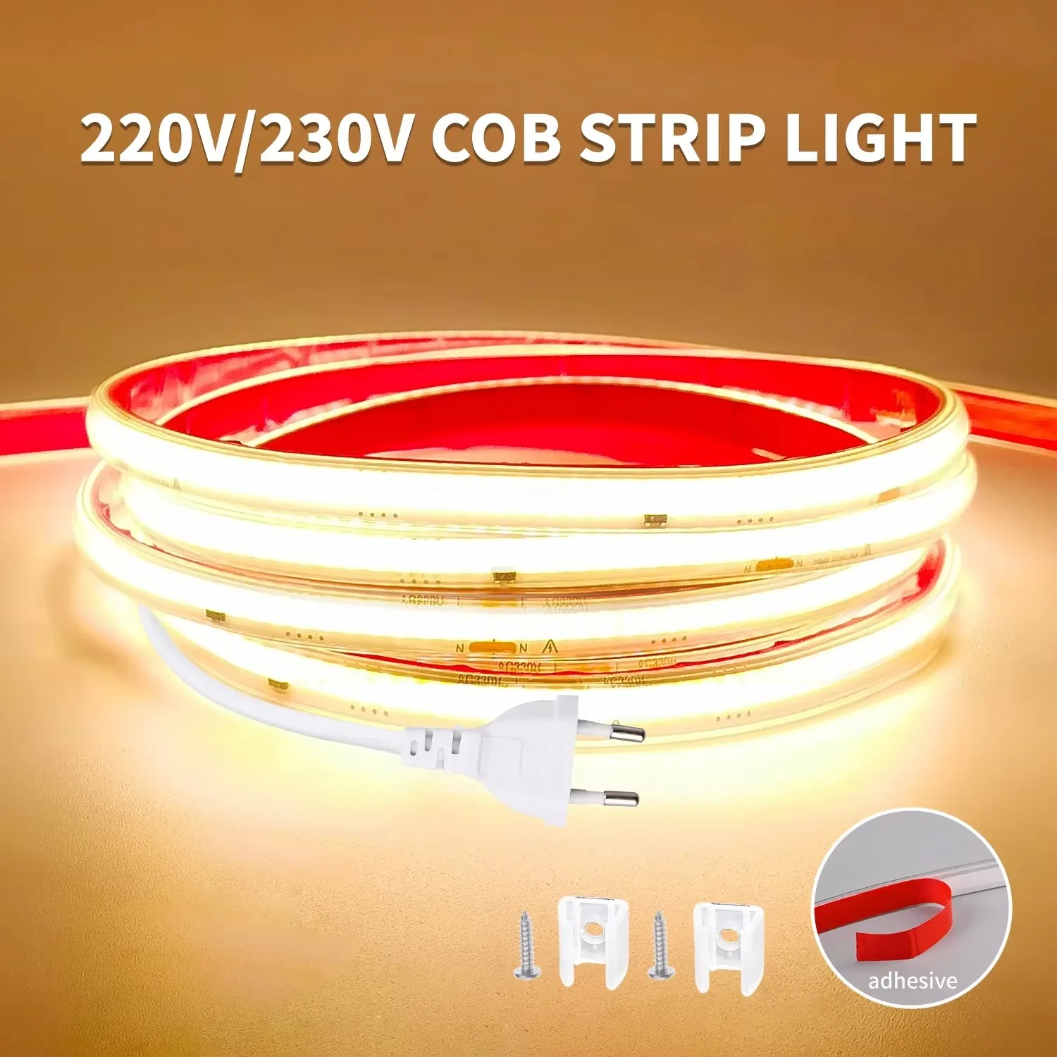 AC 220V IP65 Waterproof COB LED Strip Lights Super Bright 296 LEDs/m Flexible LED Tape With EU Plug 230V Outdoor Linear Lighting