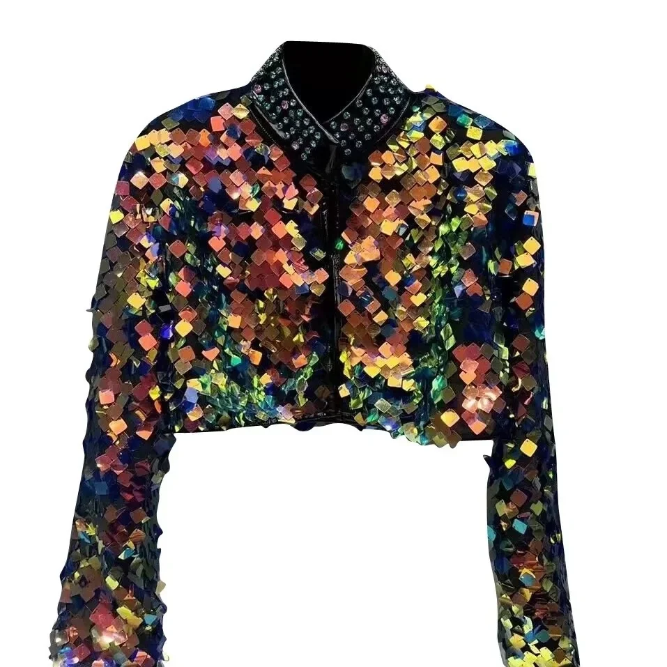 

Spring New Short Jackets Women Streetwear Colorful Gradient Sequins Heavy Industry Water Diamond Stand Collar Short Jackets Q103