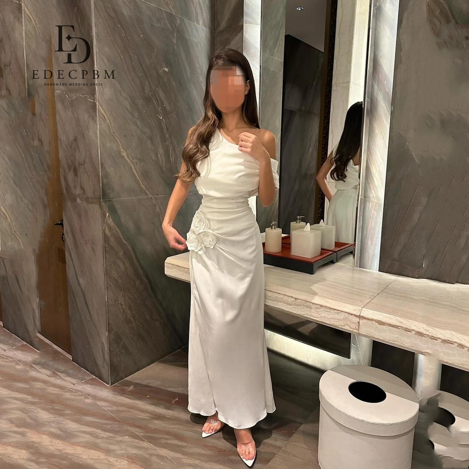 

EDECPBM Elegant Luxury Evening Dresses 2025 Customized Satin 3D Flowers One Shoulder Dresses for Special Occasions Prom Dress