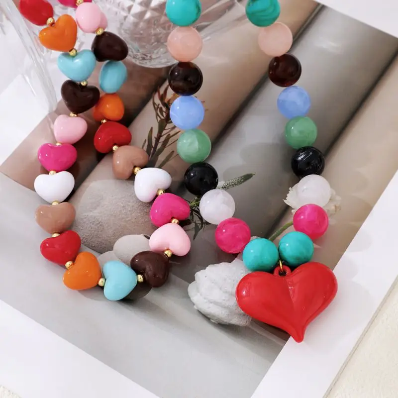 Multicolored Stone-Effect Round Bead Bright Red Heart-Shaped Pendant Necklace