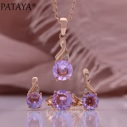 PATAYA New Purple Zirconia Fashion Set 585 Rose Gold Color Earrings Ring Pendant Necklace Fine Daily Jewelry