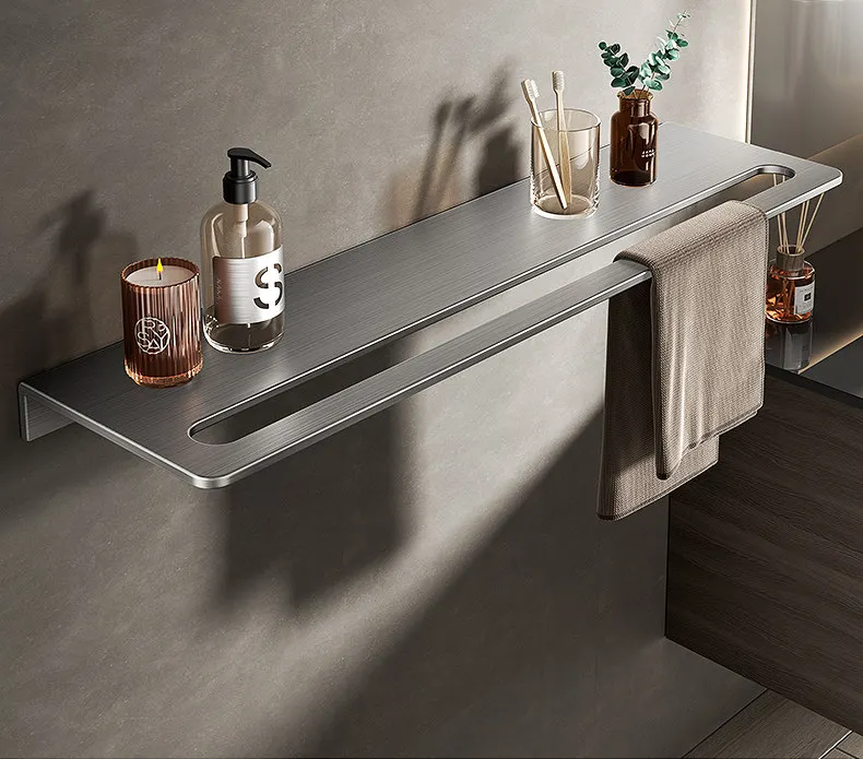 No Drill 304 Stainless Steel Bathroom Shelf Towel Rack, Wall Mount 2-in-1 Storage Organizer for Bathroom Living Room Study